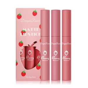 3 Pcs Matte Liquid Lipstick Set Cute Strawberry Packaging Long Lasting Velvet Lip Gloss