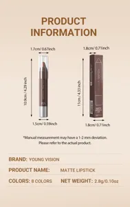 YOUNG VISION matter Lippenstift Stift mit 8 Farben, Detailgrößentabelle und 2,8g Gewicht.