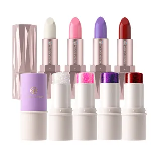 Shimmer lipstick and glitter stick makeup set, vibrant multi-color glowing cosmetics.