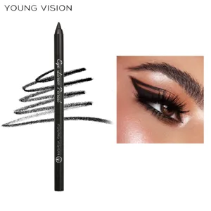 Detailed view of black eyeliner pencil stroke and eye makeup effect for precision application.