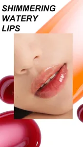 Close up shot of shimmering watery lip gloss oil showing glossy texture and hydration.