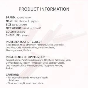 YOUNG VISION 6-color lip gloss and plumper set detail view showing ingredients and size.
