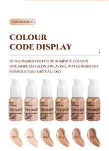 Vista detallada de la base de maquillaje líquida SAM SUGAR de 6 colores con muestras.