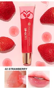 Strawberry lip gloss detail view, glossy texture swatch and soft lip application effect.