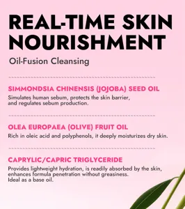 Detailgrafik des Reinigungsöls mit natürlichen Jojoba- und Olivenöl-Inhaltsstoffen.