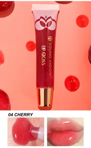 Lip gloss detail view showing glossy cherry red texture swatch and smooth lip application effect.