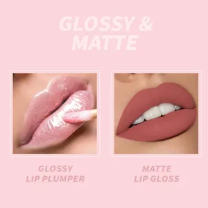 Detail view showing glossy and matte liquid lip gloss makeup effects and product texture.
