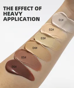 Λεπτομέρεια swatch υγρού concealer και contour που δείχνει έξι διαφορετικές αποχρώσεις στο χέρι.