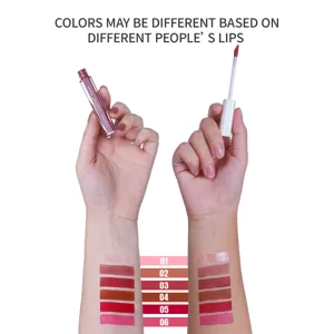 Velvet lip gloss swatch detail showing six gorgeous shades on arm skin, smooth texture.