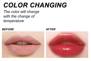 Color changing lip oil detail view showing temperature responsive tint before and after application.