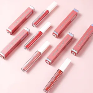 Velvet liquid lip gloss set showcasing multiple shades and packaging boxes for detail view.
