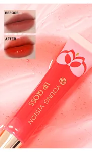 Glossy transparent lip oil detail shot, showcasing hydrating mirror shine and plump lips texture.