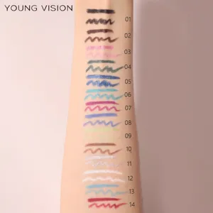 Detailed arm swatch view showing fourteen vibrant shades of shimmer eyeliner pencils.