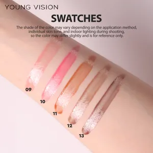 YOUNG VISION mirror lip gloss arm swatch showing five vibrant shades for glossy lips.
