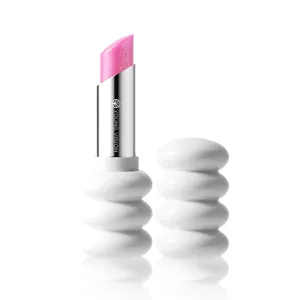 YOUNG VISION labial hidratante con purpurina rosa y estuche ondulado blanco brillante.