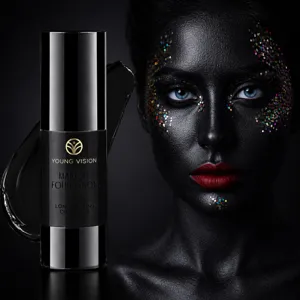 Close-up detail of the black liquid foundation bottle with smooth pump and dramatic model.