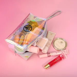 YOUNG VISION holographic transparent cosmetic bag set with portable makeup organizer.