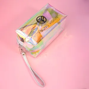 Holographic clear cosmetic bag detail view, large capacity portable travel toiletry pouch.