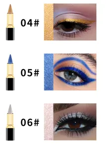Vue détaillée du stylo gel eyeliner naturel coloré montrant les teintes 04, 05 et 06 avec maquillage