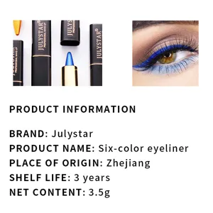 Vue détail du crayon eyeliner six couleurs Julystar avec texture lisse et maquillage des yeux bleu.