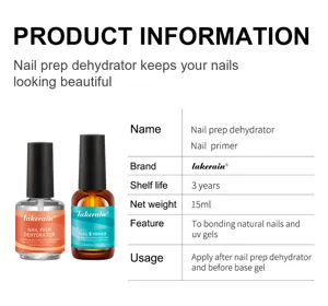 Vue détaillée du déshydrateur d'ongles et de la base, liquide de 15ml pour manucure.