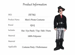 Vue détaillée de l'ensemble de costume de pirate pour homme avec chapeau et haut.