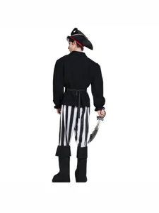 Costume de pirate pour homme pour Halloween avec veste, pantalon rayé et chapeau.