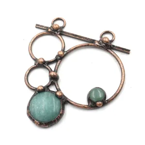 Vintage copper tone metal geometric pendant with natural green crystal stone jewelry accessories