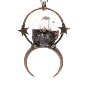 Vintage Raw Crystal Pendant Necklace Crescent Moon Copper Statement Boho Jewelry Detail