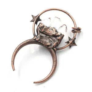 Close-up detail view of vintage copper crystal moon pendant, exquisite celestial accessory.