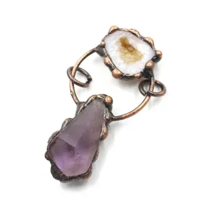 Handmade raw crystal copper wrapped pendant vintage gemstone necklace jewelry item.