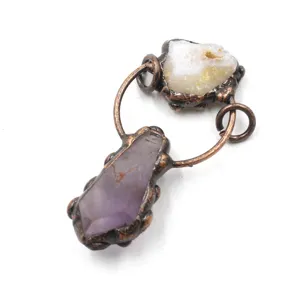 Vintage raw crystal pendant copper wrapped double stone necklace handmade jewelry fashion accessory