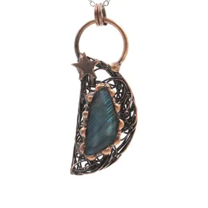 Vintage copper wire wrapped crescent moon star labradorite crystal pendant necklace
