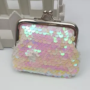 Iridescent sequin coin purse with kiss-lock clasp, small glitter wallet for change.