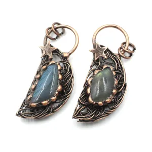 Handmade copper wire wrapped crystal labradorite moon star vintage pendant jewelry.