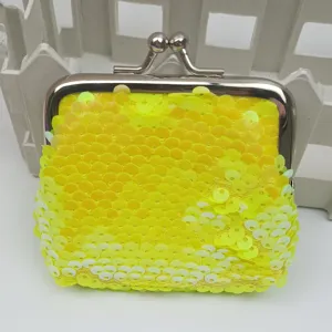 3-inch iridescent sequin coin purse with kiss-lock clasp, bright yellow sparkle key pouch.