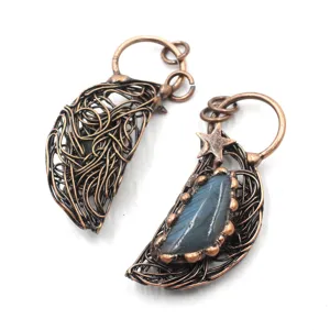 Vintage handmade copper wire wrapped crescent moon crystal labradorite pendant jewelry accessory