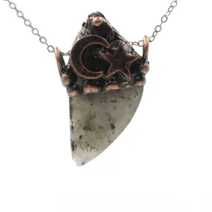 Vintage crystal stone pendant necklace with copper moon and star design for women fashion.