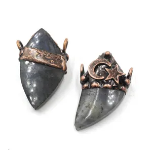 Raw crystal labradorite double loop pendant retro copper electroformed jewelry DIY charm accessory