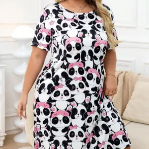 Donne Taglie Forti Stampa Panda Cartone Manica Corta Camicia Da Notte Vestito Pigiama