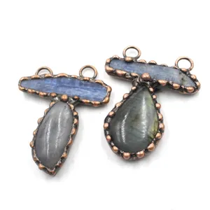 Handcrafted raw crystal stone copper wrapped pendant detail view, unique natural mineral jewelry.