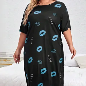 Taglia comoda da donna casual con stampa labbra camicia da notte a maniche corte