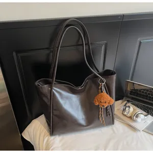 Vintage brown oil wax leather tote bag, large capacity shoulder bag with cute puppy charm.