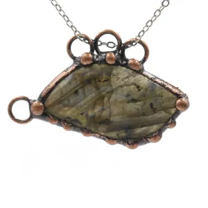 Handmade vintage copper electroformed raw labradorite crystal pendant necklace detail.