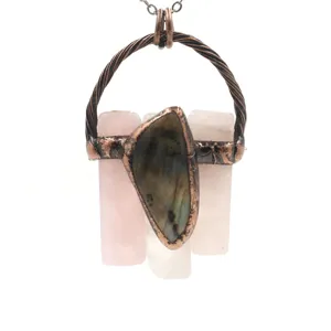 Handmade raw crystal vintage copper wrapped pendant detail closeup for necklace accessory