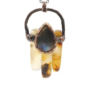 Handmade copper wire wrapped raw crystal pendant detail, vintage natural gemstone necklace jewelry.