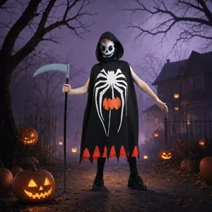 Kids Halloween costume cloak with spider and pumpkin print, perfect for party dress up.