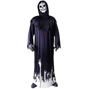 Ensemble de costume de Faucheur d'Halloween pour adulte avec masque et gants squelettes.