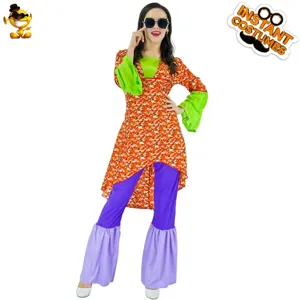 Women's Retro 70s Hippie Costume Vintage Floral Print Top And Bottom Flare Pants Disco Party Stage Performance Cosplay Outfit