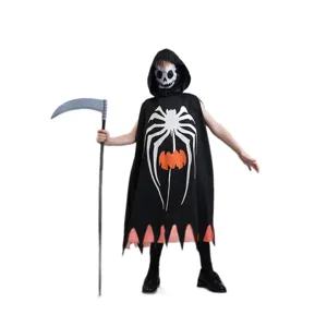 Close-up detail of children Halloween black cloak with white spiderweb pumpkin design and scythe.
